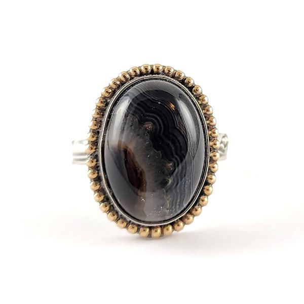Sterling Silver Banded Black Agate Spoon Ring Size 6.5 by midnight jo international silver 