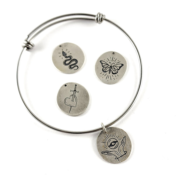Recycled Coin Silver Mystic Tattoo Engraved Large Charm Bracelet by midnight jo