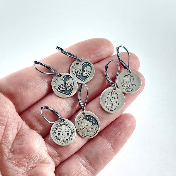 Sterling & Coin Silver Mystic Tattoo Engraved Dangle Earrings custom engraving