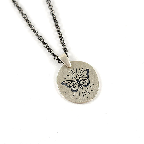 Recycled Coin Silver Mystic Tattoo Engraved Large Charm Necklace