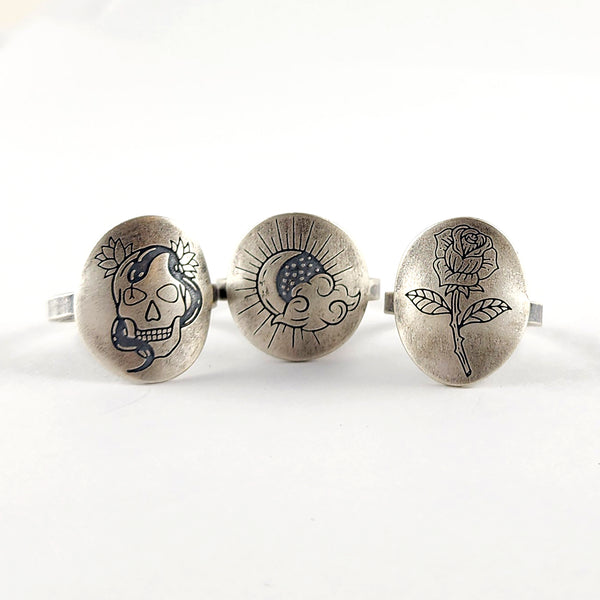 Recycled Coin Silver Mystic Tattoo Engraved Saddle Ring by midnight jo