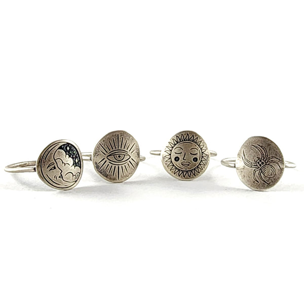 Recycled Coin Silver Mystic Tattoo Engraved Stacking Ring by midnight jo