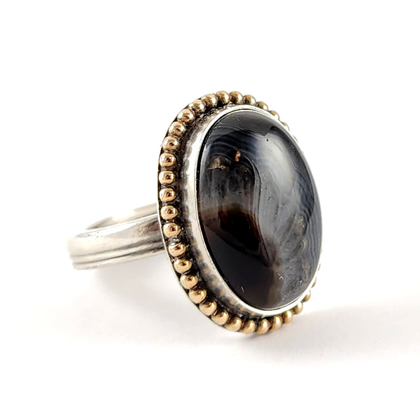 Sterling Silver Banded Black Agate Spoon Ring Size 6.5 by midnight jo international silver 