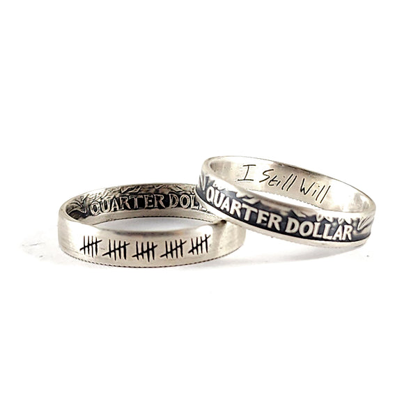 90% Silver Custom Engraved Narrow Band Quarter Ring -25th Anniversary Gift actual handwriting unique