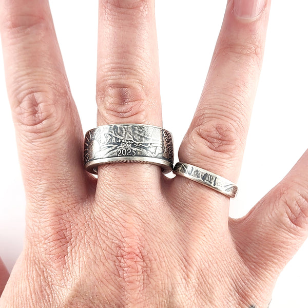 99.9% Fine Silver American Silver Eagle Dollar His & Hers Coin Ring Set ASE