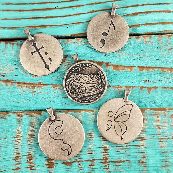 HOPE ; ink 90% Silver State Quarter Reversible Suicide Awareness Pendant - All Profits to Charity
