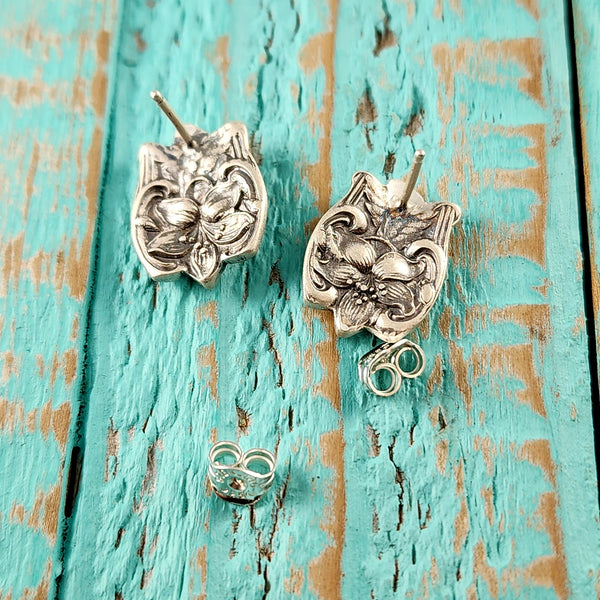Sterling Silver Orange Blossom Spoon Stud Earrings Gorham floral flowers