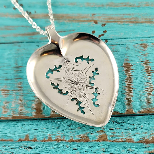 Sterling Silver Floral Engraved Heart Necklace Pendant by Midnight Jo