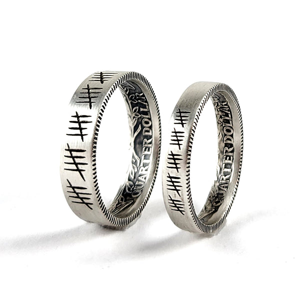 90% Silver Engraved 25 Tally Mark His & Hers Quarter Ring Set unique 25th anniversary gift