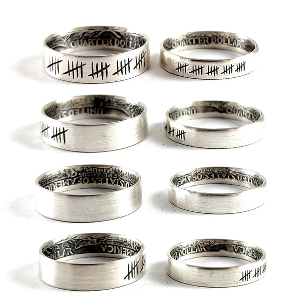 90% Silver Engraved 25 Tally Mark His & Hers Quarter Ring Set unique 25th anniversary gift