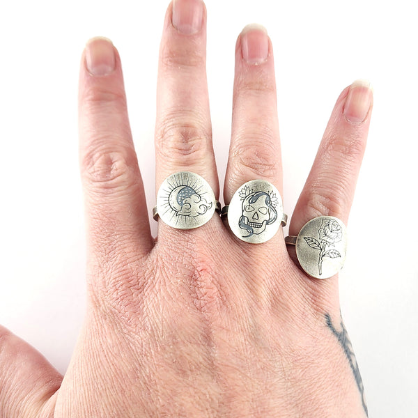 Recycled Coin Silver Mystic Tattoo Engraved Saddle Ring by midnight jo