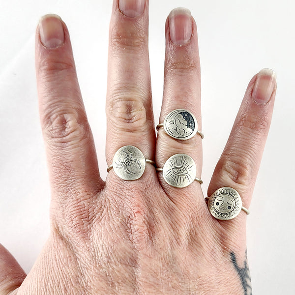 Recycled Coin Silver Mystic Tattoo Engraved Stacking Ring by midnight jo