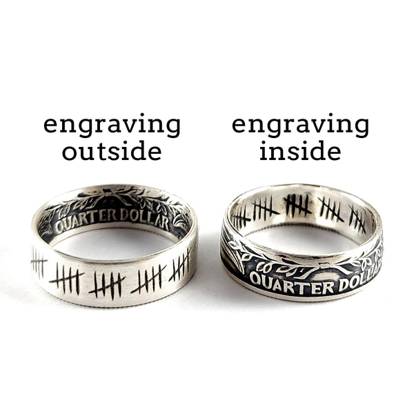 90% Silver Engraved 25 Tally Mark Quarter Ring Set - 25th Anniversary Gift