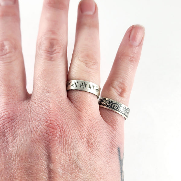90% Silver Engraved 25 Tally Mark Quarter Ring Set - 25th Anniversary Gift