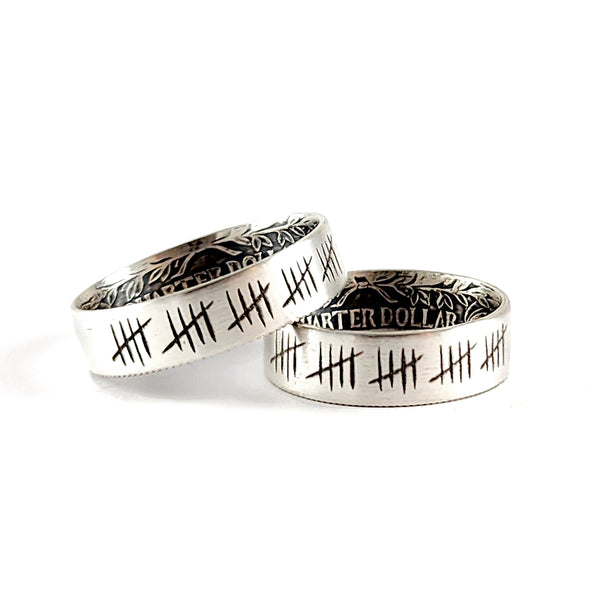 90% Silver 25 Tally Mark Quarter Coin Ring Set - 25th Anniversary Gift
