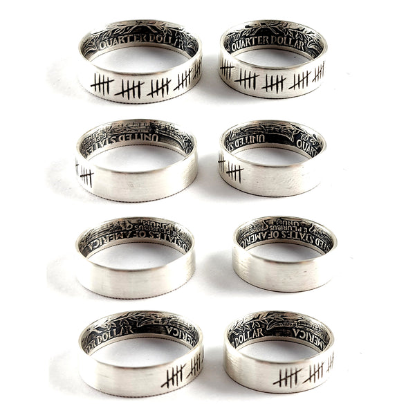 90% Silver 25 Tally Mark Quarter Coin Ring Set - 25th Anniversary Gift