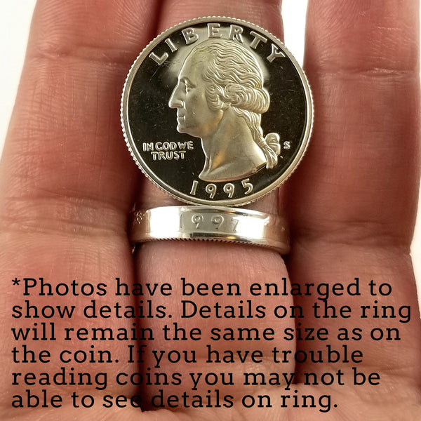 90% Silver 1996 JFK Half Dollar & Narrow Washington Quarter Matching Ring Set - 25th Anniversary Gift