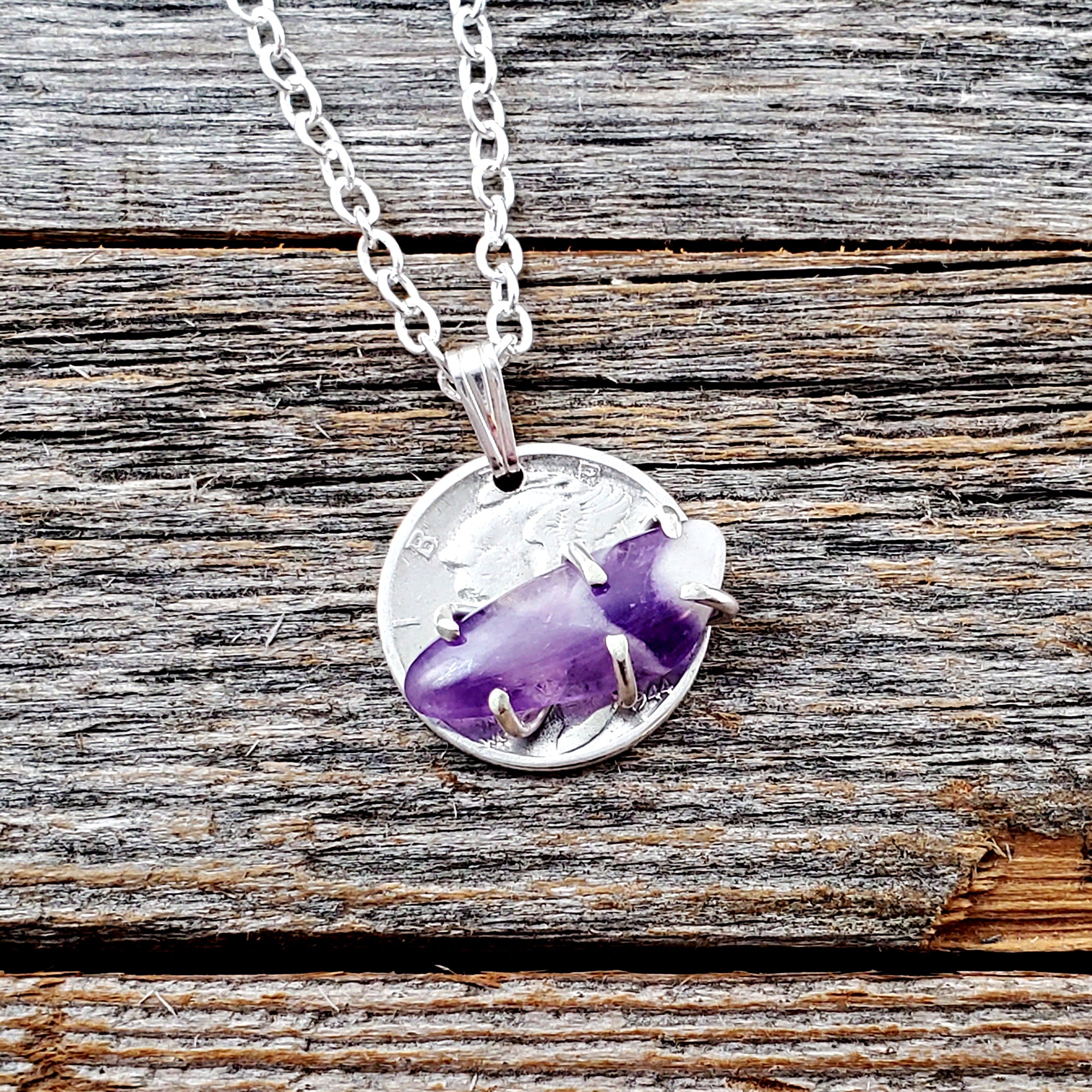 Dog Tooth Amethyst Mercury Dime Necklace by Midnight Jo