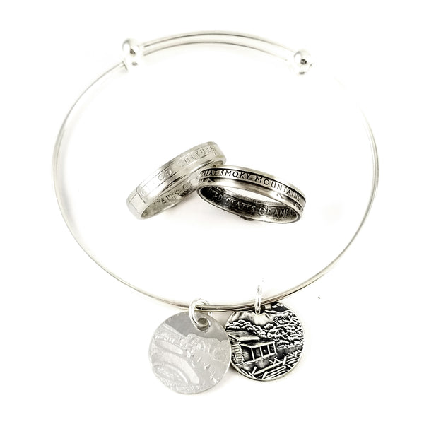 Silver National Park Stacking Coin Ring & Charm Bracelet Set by midnight jo