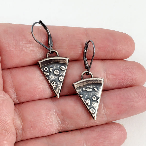 Silver Pizza Slice Coin Dangle Earrings by Midnight Jo shire post mint