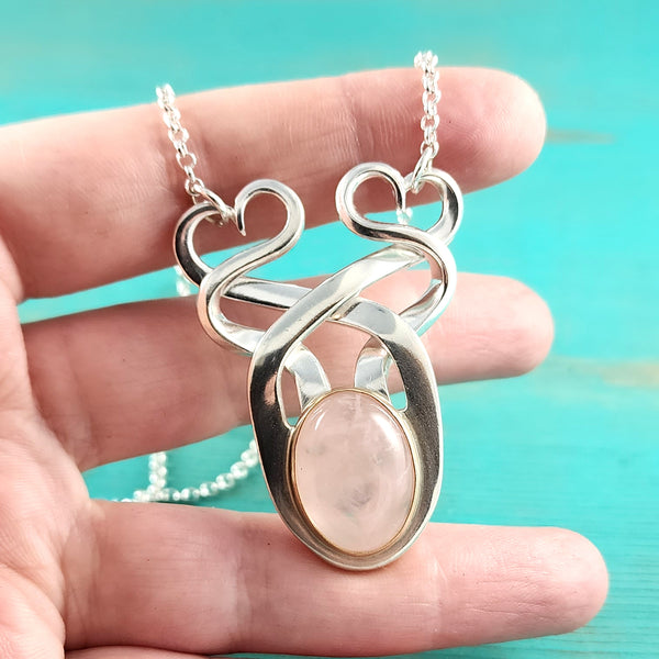 Sterling Silver Rose Quartz Twisted Fork Pendant by Midnight Jo