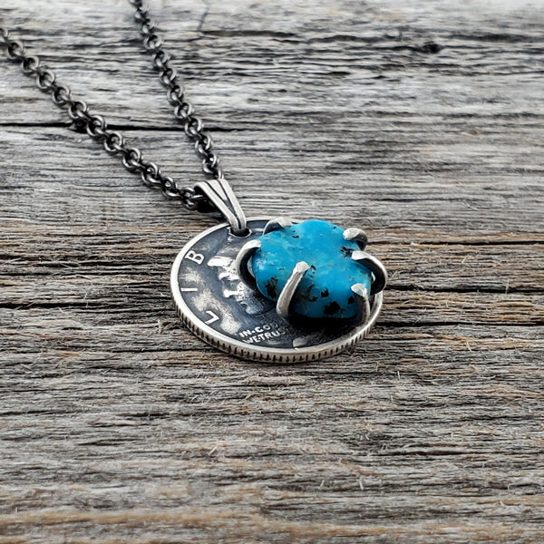 Natural Kingman Turquoise Mercury Dime Necklace by Midnight Jo